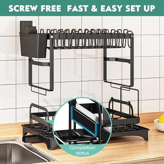 Dish Drying Rack with Drainboard, 2-Tier Foldable Stainless Steel Dish Rack with Utensil Holder, Cup Rack & Cutting Board Holder for Countertop