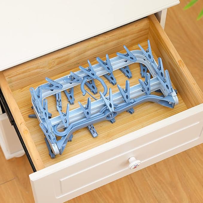 Foshine Clothes Drying Racks Foldable Clip Hangers Plastic with 32 Clips | Clip Hangers Wind-Proof Hook Underwear Hanger For Socks Bras Blue