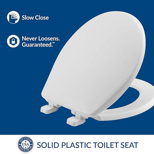 Mayfair Caswell Modern Slow Close Toilet Seat, Durable Plastic Seat, Made in USA, Round, White, 4-Pack