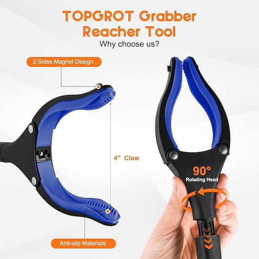 36" Grabber Reacher Tool for Seniors 2 Pack, Foldable Reacher Grabbers Pickup Stick with Anti-Slip 90°Rotating Jaw, 4" Wide Extended Claw with Magnet for Disabled, After Surgery Recovery