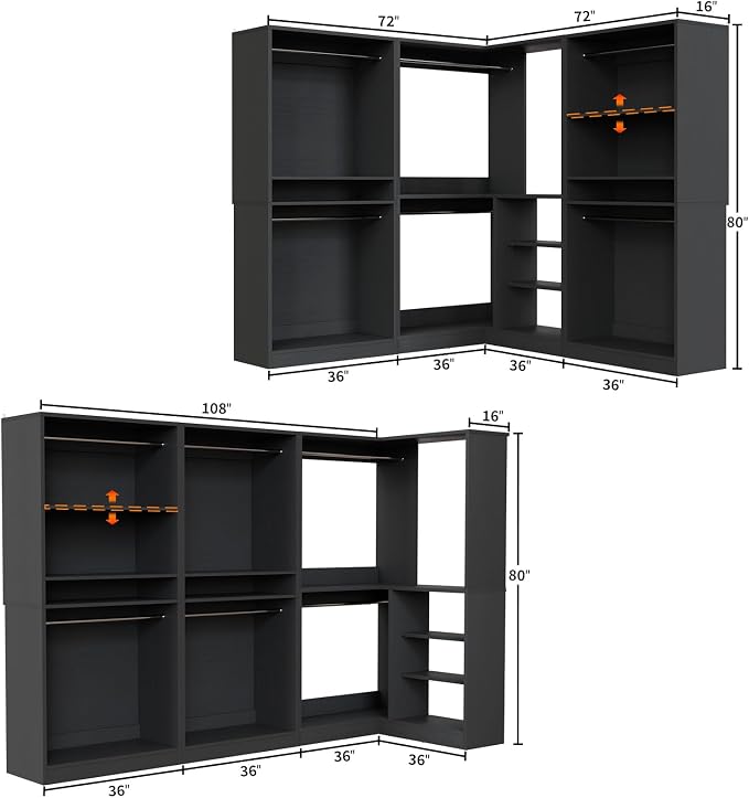 Unikito 108” Corner Closet System, 3-Piece L-Shaped Closet Organizer with 2 Closet Towers and 1 Corner Unit, Heavy Duty Wood Garment Rack with 6 Hanging Rods, Freestanding Walk-in Wardrobe, Black