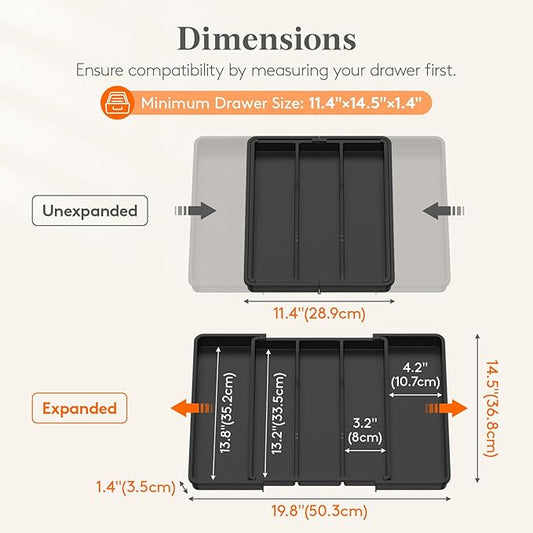 Lifewit Utensil Organizer, Adjustable Kitchen Drawer Organizer, Expandable Cooking Utensil and Cutlery Tray, Plastic Divider Holder Black 11.4-19.8" x 14.5"