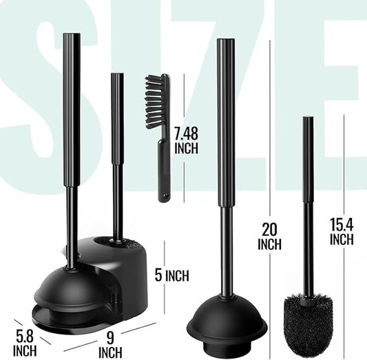 3PACK 4 in 1 Toilet Brush and Plunger Set with Crevice Cleaning Brush, Toilet Plunger and Brush Set with Extra Long Handle, Plungers for Bathroom Accessories, Toilet Plunger with Holder, Black