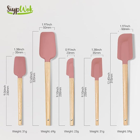 Silicone Spatula Set, Food Grade Rubber Spatula-5 Piece Nonstick Rubber Spatulas, Spoonula, Jar Scraper for Cooking, Baking, Mixing, Frosting - Heat Resistant Up to 600°F (5 Pcs Pink)