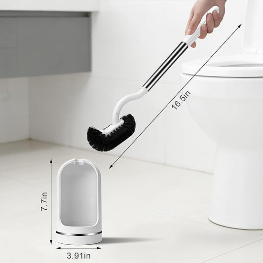 Toilet Brush and Holder Set, Curved Toilet Brush with Stainless Steel Handle, Under Rim Toilet Bowl Brush for Deep Cleaning, Drip-Proof, White