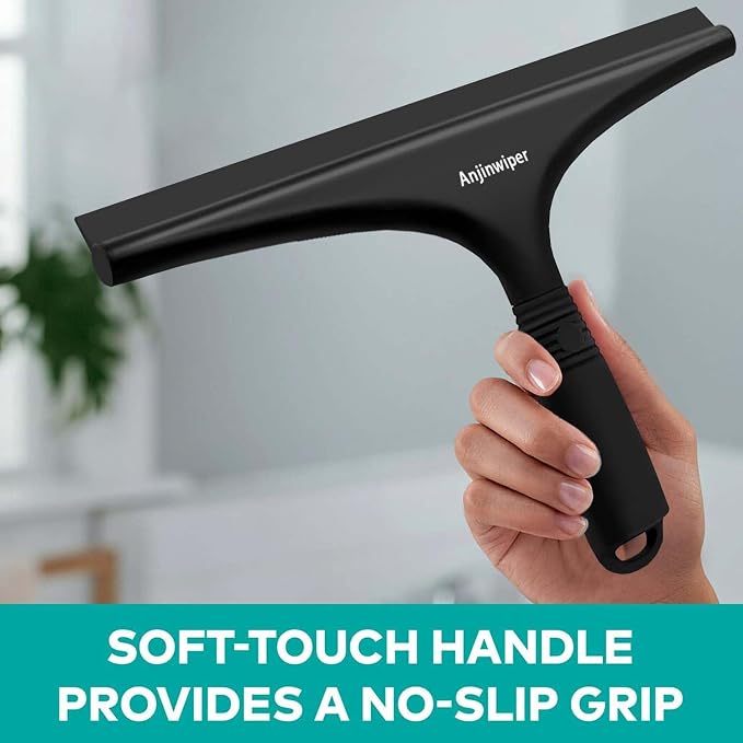 Shower Squeegee for Glass Doors, 10 Inch Bathroom Squeegee for Shower Glass | Silicone Glass Squeegee for Tile Shower Walls, Windows, Mirror, Car Cleaning - Ergonomic Streak free Squeegees, Adhesive Hook