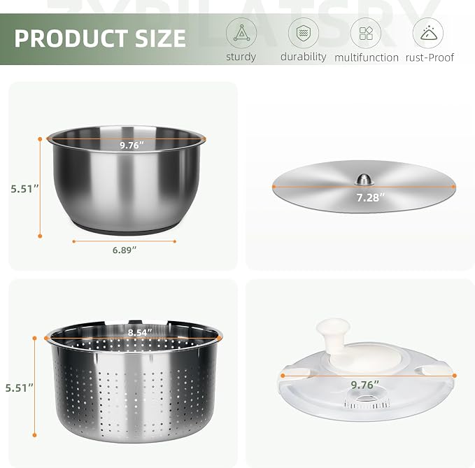 6L-Stainless Steel Salad Rotator, Vegetable Dishwasher,Lettuce Cleaner and Dryer, Kitchen Strainers.