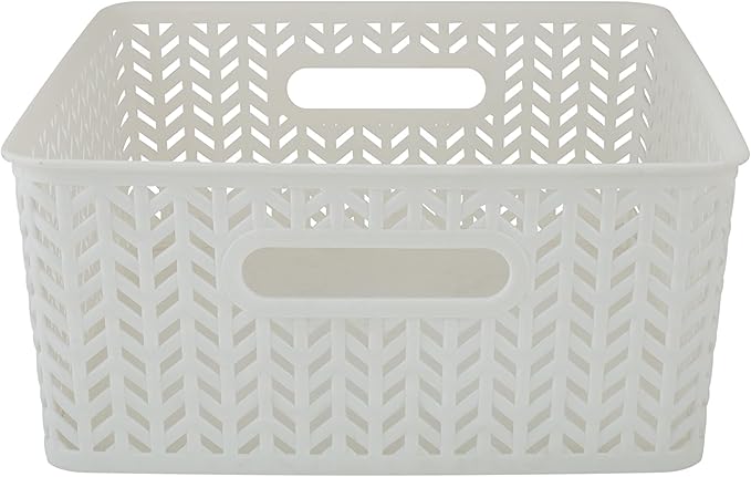 Simplify 2 Pack Medium Herringbone Storage Basket | Dimensions: 14"x11.5"x5.15" | Multipurpose | Home Organization | 2 Open Handles | White