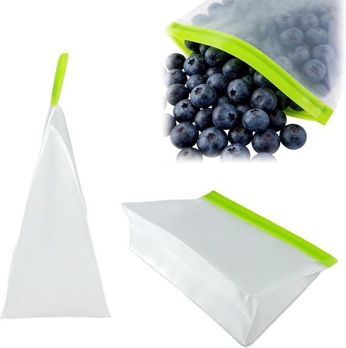 PABCK 10Pcs Reusable Silicone Freezer Bags 5Green+5Orange 6.1x4.3+1.97 inch | Stand Up Freezer Food Bags Leakproof Resealable Produce Bag for Sandwich Smell Proof Fridge Organization for Lunch Travel