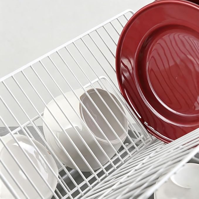 White Foldable 2-Tier Dish Rack - Heavy-Duty Metal Drying Rack with Removable Drip Tray, Collapsible Kitchen Sink Organizer for Plates, Bowls, Cups & Utensils