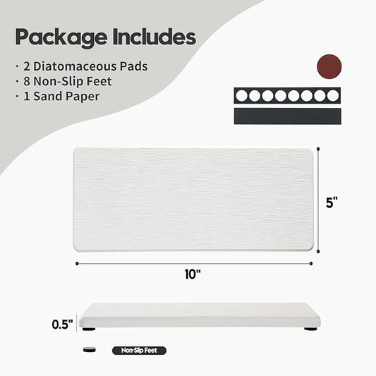 2PCS 10"x 5" Large Bathroom Sink Vanity Trays, Water Absorbing Diatomite Stone Quick Drying Mat for Kitchen Counter, Dish Rack Dispensers Sponge Holder Caddy Organizer, White, 10"x 5"