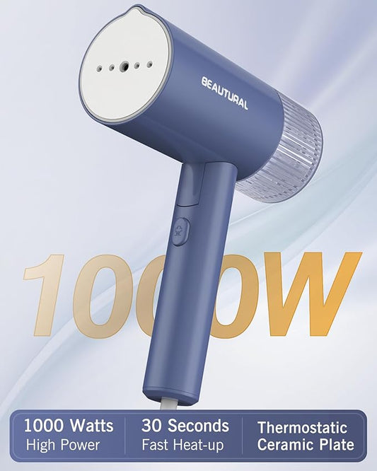 BEAUTURAL Steamer for Clothes, Portable Garment Wrinkle Remover, Fast 30s Heat-up, Foldable and Handheld, 120V Only (Not for 220V Europe), Blue