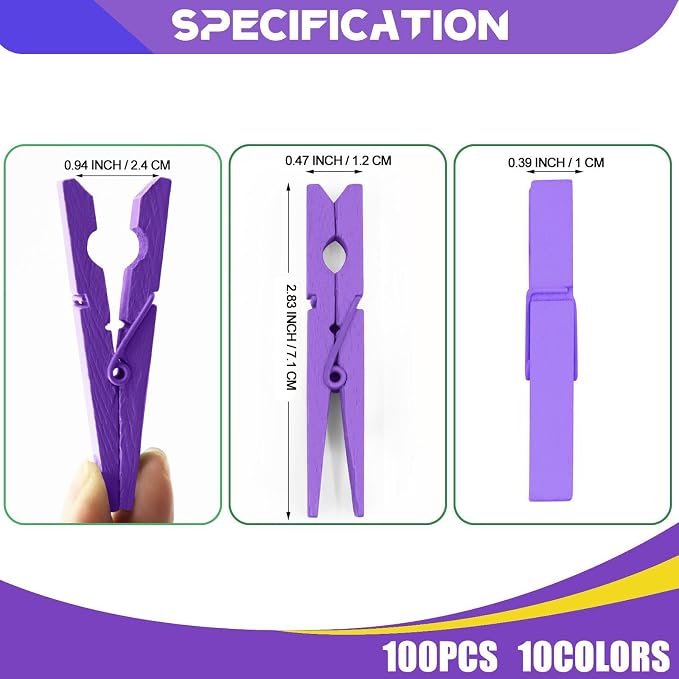 100 Pcs Purple Clothes pins - 2.9 Inch Wooden Clothespins Cheer Clips | Vibrant for Crafts Classroom Decorations Clothing Pictures Laundry Solid Wood No Splinters Fade‑Proof