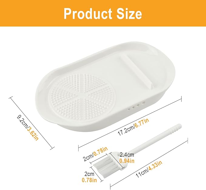 4 in 1 Porcelain Ginger Grater Plate with Egg Cracker, Spoon Rest and Herb Stripper, Ceramic Garlic Grater with Brush for Grinding Wasabi, Ginger, Garlic, Cheese 6.8" × 3.6"(Dishwasher Safe)