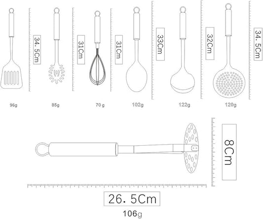 Berglander Cooking Utensil Set 8 Piece, Stainless Steel Kitchen Tool Set with Stand,Cooking Utensils, Slotted Tuner, Ladle, Skimmer, Serving Spoon, Pasta Server,Potato Maseher, Egg Whisk. (8 Pieces)