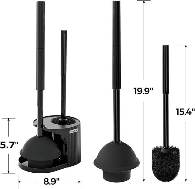 FORASTO 2Pack 2 in 1 Toilet Brush and Plunger Set, Extended Handle Plunger,Toilet Bowl Brush Plunger Set,Bathroom Cleaning Tools,Toilet Brush Plunger Combo,Cleaning Supplies,Bright Black(19.9inch)