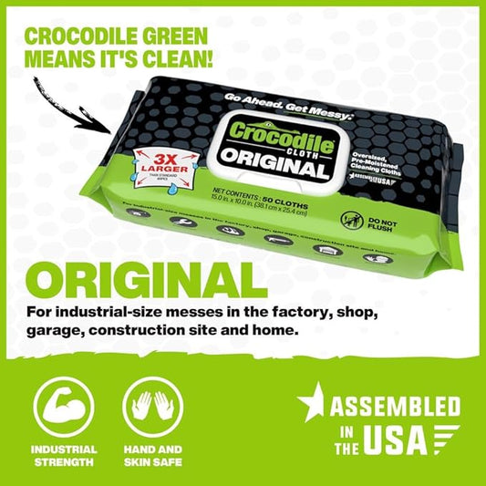 Crocodile Cloth Original Cleaning Wipes, Heavy-Duty Multi-Surface Hand & Tool Wipes, Water-Based, Safe on Skin, 50 Count, 15 x 10 Inch
