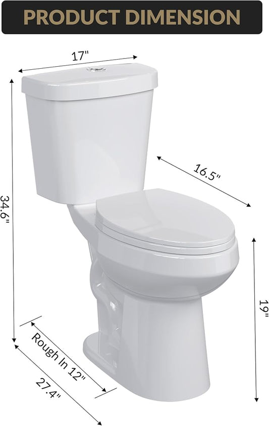 Two Piece Toilet 19 inch Chair Height Elongated Bowl, Top Dual Push, High Seat Toilet for Elderly, Comfortable Bathroom Toilet with Soft-Close Seat White