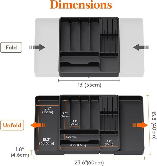 Lifewit Silverware Organizer for Kitchen Drawers, Expandable Utensil Tray with Removable Knife Block, Adjustable Cutlery and Flatware Holder, Plastic Spoon Forks Holder Storage Divider, Black
