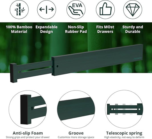 ANTOWIN Expandable Bamboo Drawer Dividers Organizers, Drawer Separators Splitter,17-22 inches Long Adjustable Spring-loaded Organizer for Large Utensil, Clothes, Tools(Dark Green)