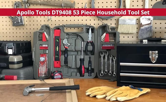 Apollo Tools 53 Piece Home Repair Tool Set with Toolbox Storage Case, Basic Tool Set for General Household Repairs and DIY, Includes Most Useful Hand Tools - Red