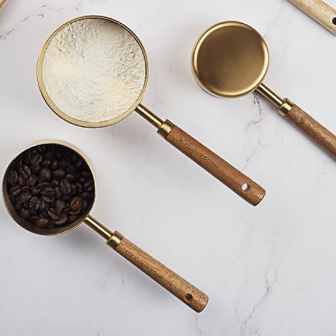 4 Piece Stainless Steel Measuring Cups with Wooden Handle, Measuring Cup Sets for Measuring Dry and Liquid Ingredients (4 Sizes - Gold)