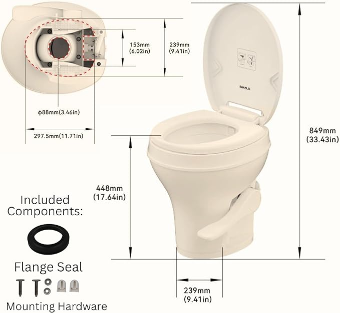 SEAFLO Bone RV Toilet, Residential Height 18.4", Gravity Flush Foot Pedal, Soft Close Seat, Camper Toilet for RV Motorhome Travel Trailer, Parchment, SFRTPH-02-01, 4-Year Warranty