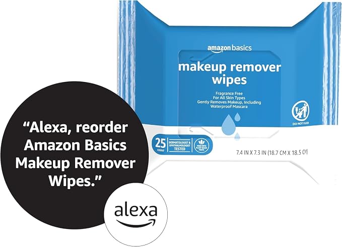 Amazon Basics Makeup Remover Wipes, Fragrance-Free, Alcohol-Free, Gentle Cleansing, Plant-Based, Dermatologist Tested, Removes Waterproof Mascara, Resealable, 25 Count, 1-Pack