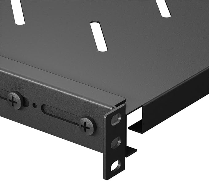 Vented 4-Post Shelf, Adjustable, Black, 250 mm Depth, 1U, 242 lbs, Cold Rolled Steel
