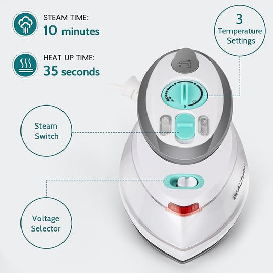 BEAUTURAL Mini Travel Steam Iron for Clothes with Dual Voltage, Non-Stick Soleplate, Anti-Slip Handle, Ideal for Sewing, Quilting and Handcraft