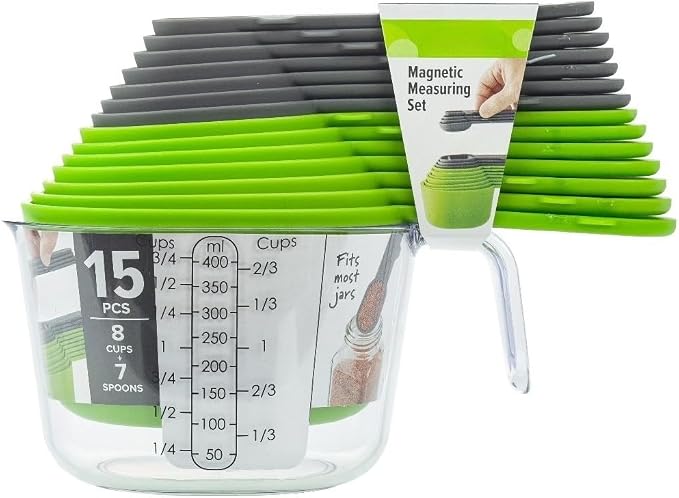 15 Piece Measuring Cups and Spoons Set with Magnetic Handles | BPA-Free Materials, Dishwasher Safe, Nested Design, 8 Cups & 7 Spoons, Compact Storage