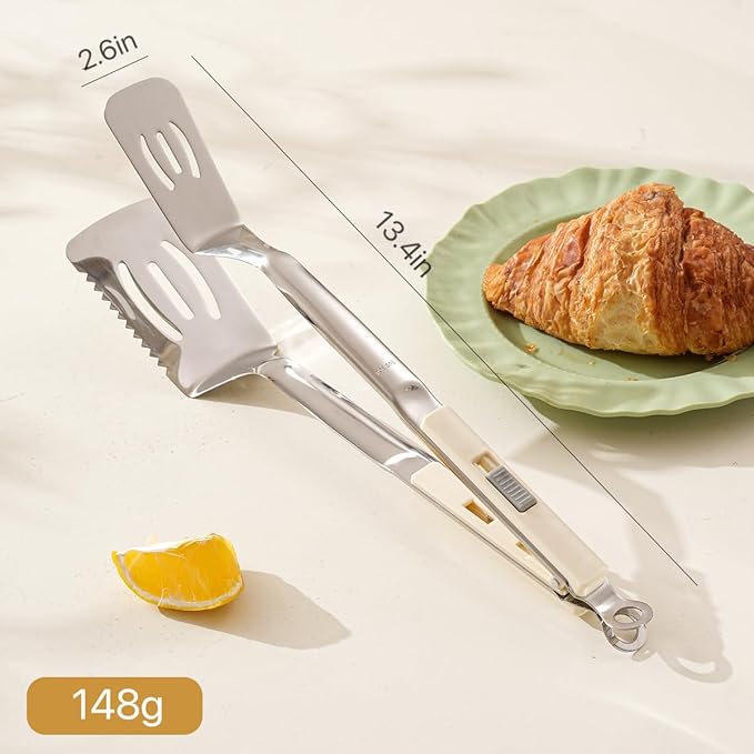 13.5-inch grill spatula cooking tongs, made of Premium 304 stainless steel, can be used to flip and cut food, making them the ideal outdoor gift for barbecue enthusiasts.(White)