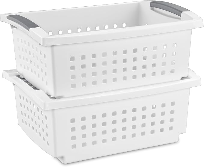 Sterilite 12 Pack Medium Stacking Basket, Open Top Storage Bin with Handles, White - Ideal for Home Closets, Kitchens, or Office Organization