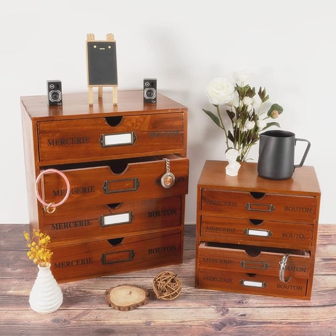 Large Wooden Drawers Wooden Box with Drawer Brown | 4 Drawer Storage Box for Apothecary Cabinet, Apothecary Drawers,Desktop Organizer with Metal Handles for Office,Home