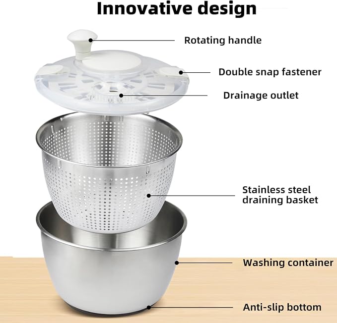 6L Stainless Steel Salad Spinner with Bonus Tong – Large Vegetable Spinner, Fruit Washer & Lettuce Dryer, Dishwasher‑Safe Stainless Salad Spinner with Strainer Bowl for Greens, Pasta & Small Fruits