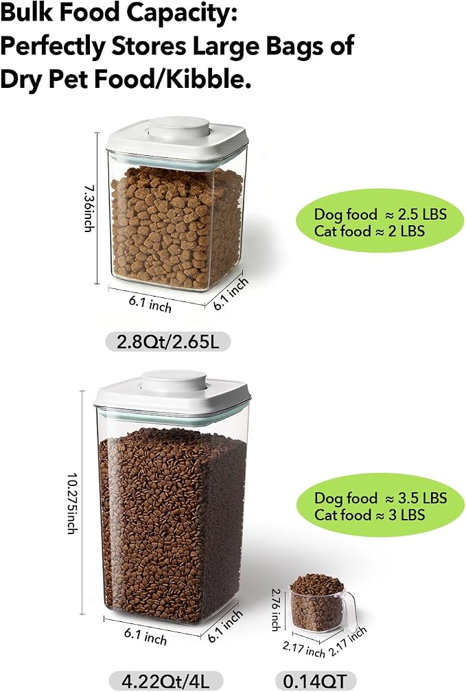 Dog Food Storage Containers Set with One-Touch Lid, 2-Pack (2.8 QT / 2.65 L) BPA-Free Cat Food Storage Container,Stackable Durable PET, Best for Dog Treats, Supplements & Daily Feeding