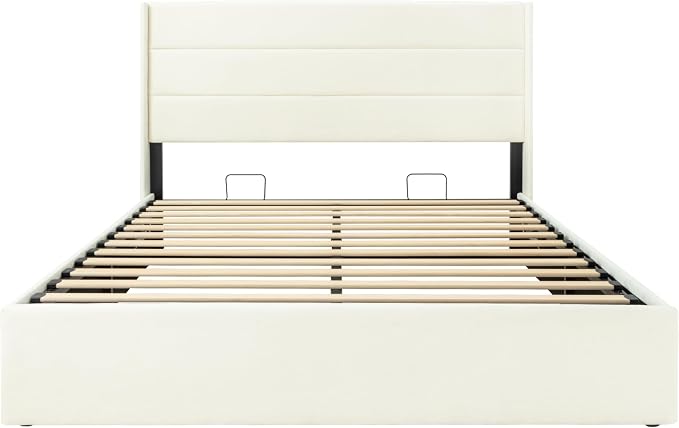 Allewie Queen Size Chenille Lift Up Hydraulic Storage Bed Frame Cream White | Chenille Fabric Upholstered, Modern Wingback Headboard, Hydraulic Support Storage, No Box Spring Needed