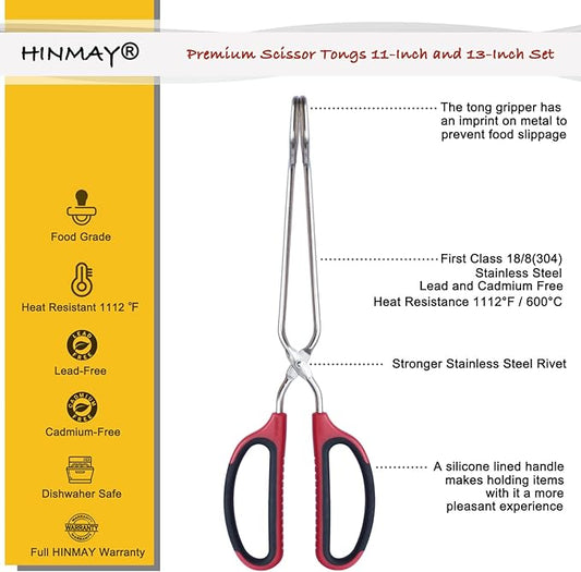 HINMAY Stainless Steel Scissor Tongs 11-Inch and 13-Inch Set, Set of 2
