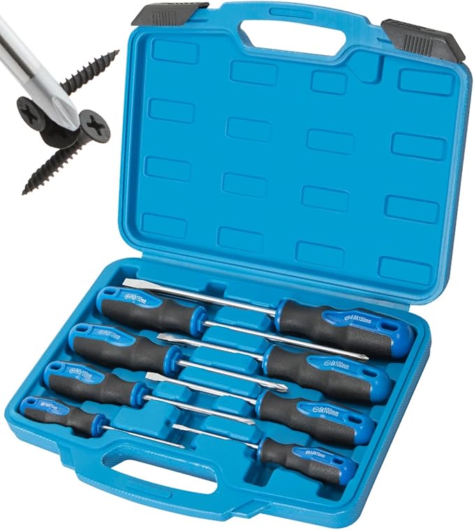 8pc Magnetic Screwdrivers Set, 4 Phillips and 4 Slotted Tips | Nichrome Tip, Silver Tip Gloss, Professional Cushion Grip, High Torque