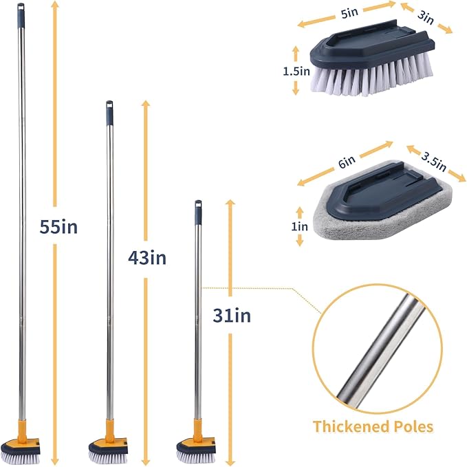 BOOMJOY Tub Cleaner Brush with Long Handle, 55" Extendable Tub Scrubber with Locking Head, No Scratch Shower Cleaning Brush for Bathtub, Bathroom Ceilings, Toilet, Kitchen, Tile, Sink