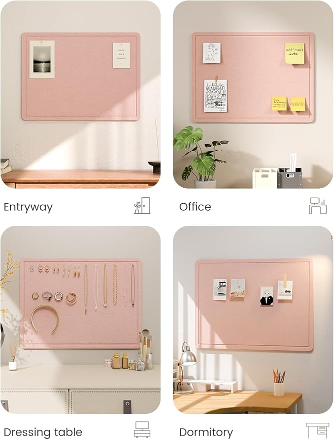 Fluxynara 23.6" x 17.1" Bulletin Board, Pink | Cork Board Alternative with 12 Removable Adhesive Tabs, Foldable Felt Pin Board for Home, Office, Classroom & Dorm