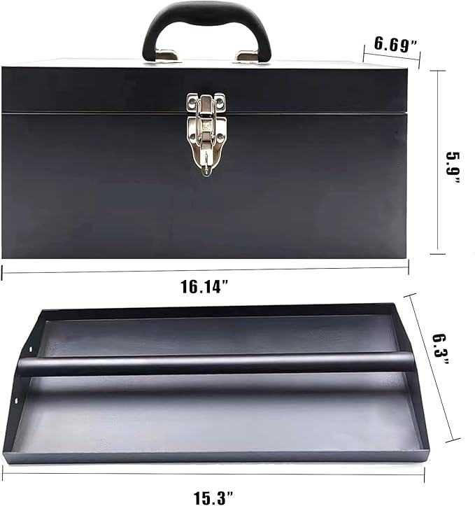 16" Portable Metal Toolbox Large Tool Box 18-Gauge Fishing Tackle Box Tool Box Drawer Organizer Steel Toolbox With Metal Latch and Handle Black