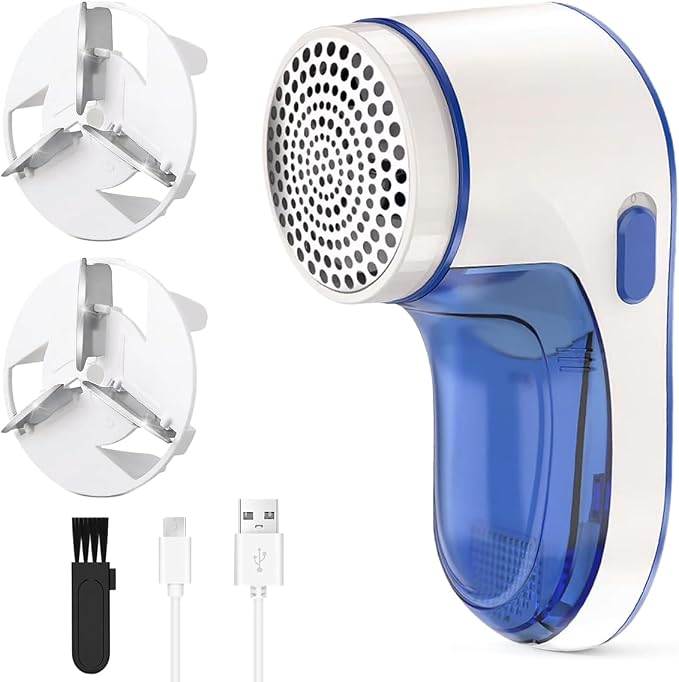 Electric Lint Remover, Rechargeable Sweater Shaver, Cordless Fabric Defuzzer with 3 Blades for Clothes Fuzz, Pills, Blue