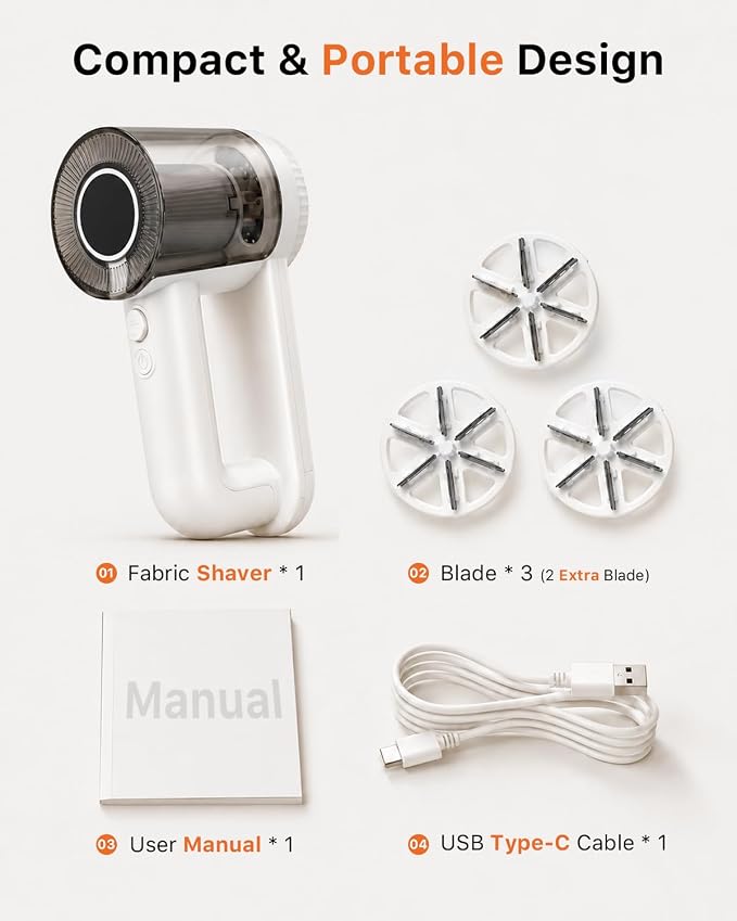Fabric Shaver Rechargeable, 9500RPM Electric Lint Remover with 3× Stainless Steel 6-Blade Heads, 3-Speed Adjustable for Clothes, Furniture, Sofa, Blanket, LED Display, 2-in-1 Lint Brush Included