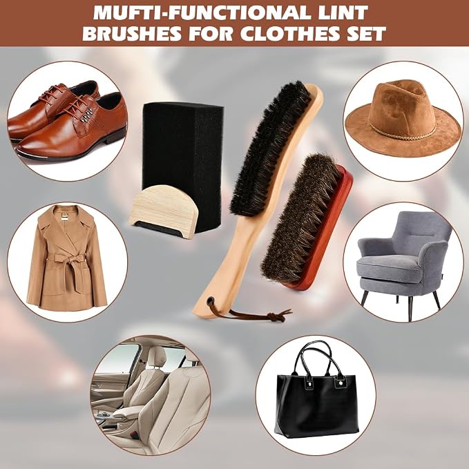 4-Piece Horsehair Felt Hat Brush Kit with Cleaning Sponge and Lint Remover, Cowboy Hat Brushes with Long Handle for Suits, Wool, Cashmere, Lint Removal & Felt Hats Cleaning