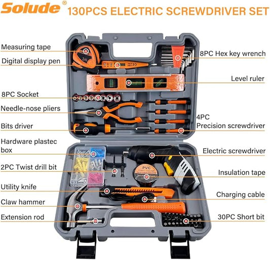 SOLUDE 130-Piece Home Tool Kit with 3.6V Cordless Rechargeable Screwdriver,Basic Household Tool Set for New Home,Apartment,College Dorm and DIY Projects(Grey)