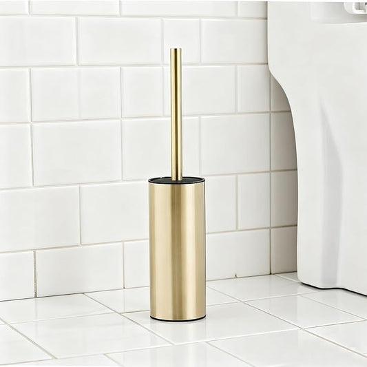 Toilet Brush and Holder Set, NEWRAIN 304 Stainless Steel Toilet Brush with Long Brush Handle, Brushed Gold Toilet Scrubber and Covered Holder, Round Design Sturdy and Space Saving, Covered Brush