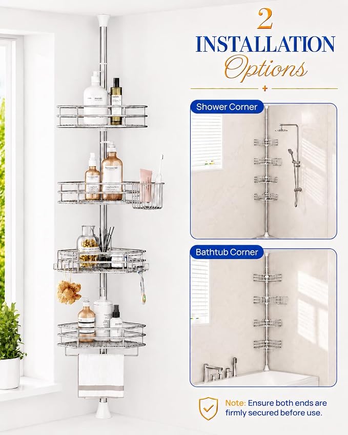 SEIRIONE Corner Shower Caddy Tension Pole, Quick Setup, Rust-Free Bathroom Shower Organizer Corner for Bathtub Shampoo Storage, 4-Tier Adjustable Shelf, Drill Free, Fits 34 to 116 Inch Height, Chrome