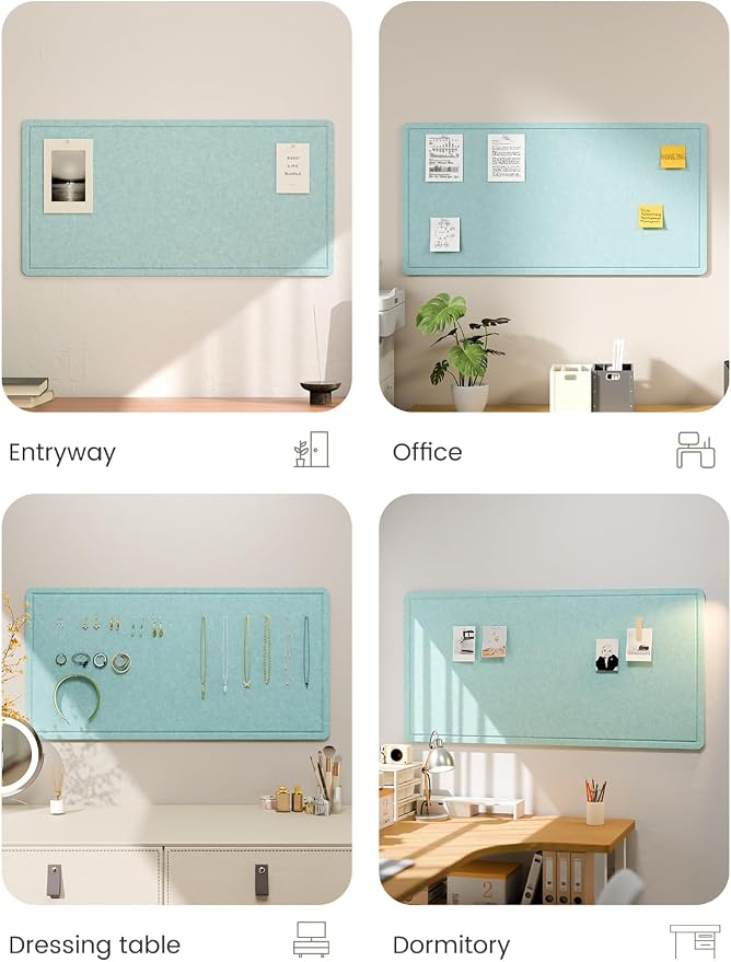 Fluxynara 35" x 17.1" Bulletin Board, Aqua Blue | Cork Board Alternative with 12 Removable Adhesive Tabs, Foldable Felt Pin Board for Home, Office, Classroom & Dorm