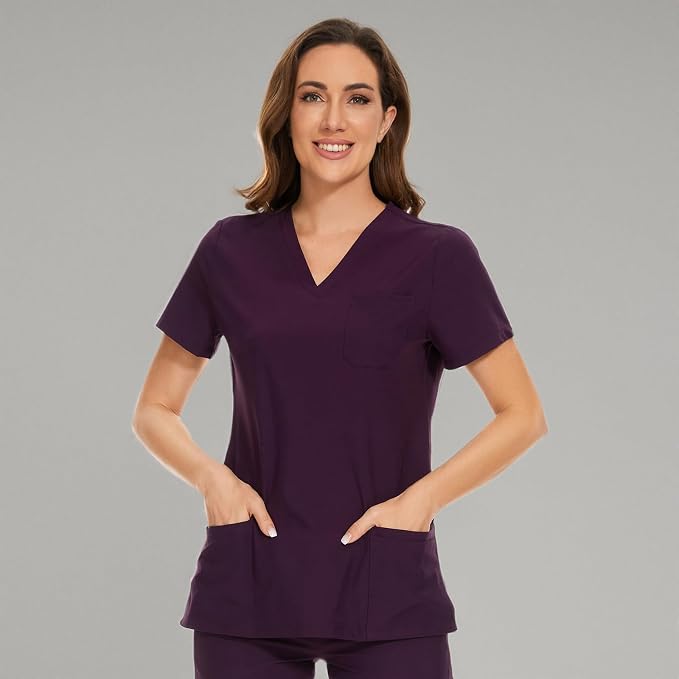 Scrubs Tops for Woman - Soft Stretch, V-Neck Tops | 3 Pockets, Side Split Design, Short Sleeve, Breathable & Lightweight Nursing Shirt, Easy-Care Fabric for All-Day Comfort